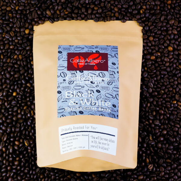 creative image of black & white front roasted coffee beans arabica