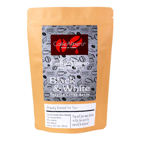 Caffe albero black & white roasted coffee beans front 250gm packet