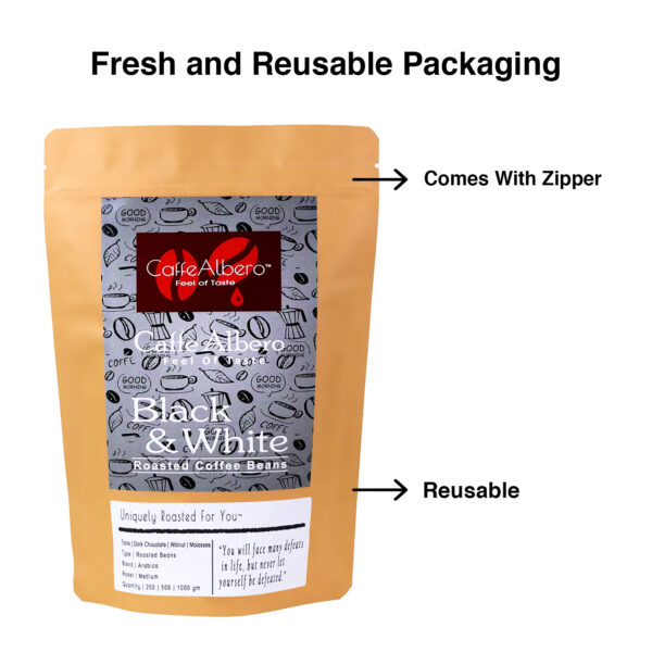 Caffe albero black & white blend of arabica roasted coffee beans packet packaging 250gm