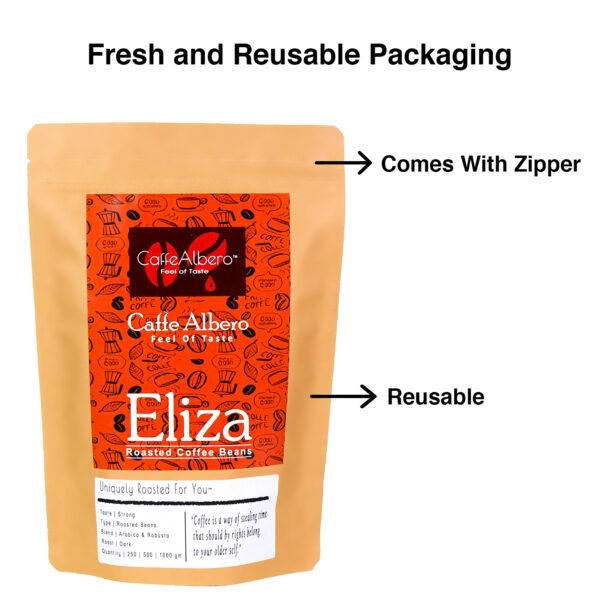 Caffe albero eliza roasted coffee beans 250gm packet packaging and features