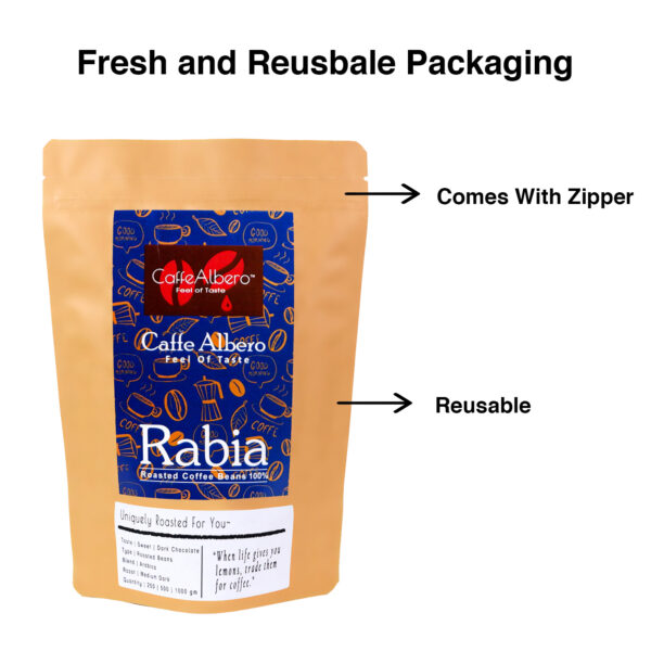 Caffe Albero rabia arabica roasted coffee beans 250gm packaging size and features