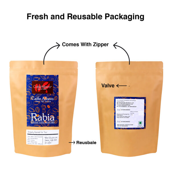 Caffe Albero Rabia Arabica Roasted coffee beans packet packaging and features