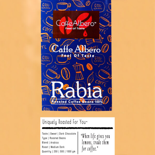 Zoomed caffe albero rabia roasted coffee beans packet