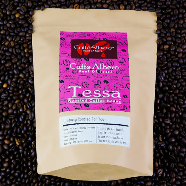 Caffe Albero TESSA 100% Arabica Roasted coffee beans lifestyle and creative photo front