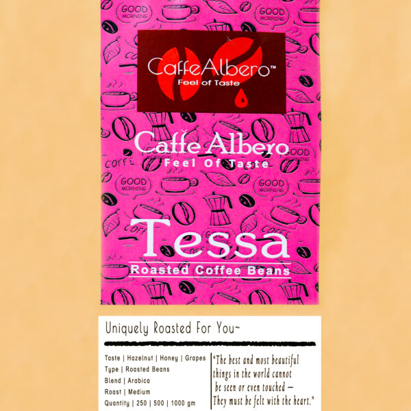 Caffe Albero tessa arabica roasted coffee beans zoomed view of sticker with specifications mentioned