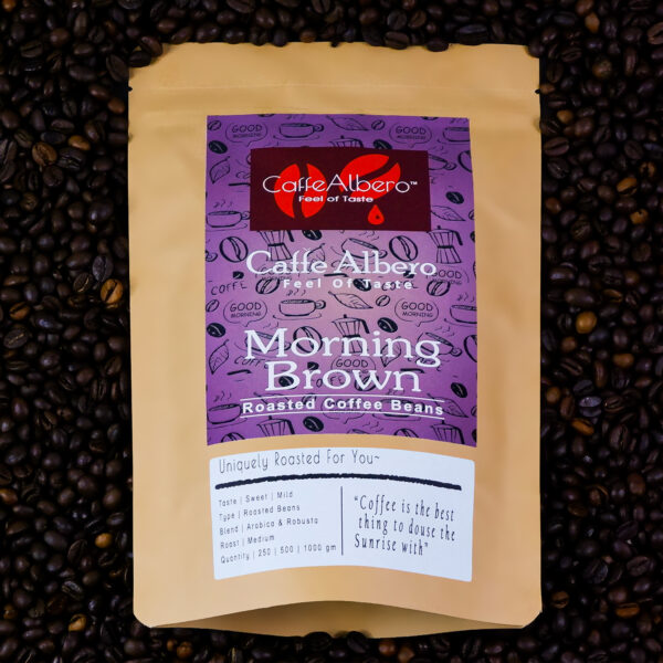 creative look of Caffe albero morning brown roasted coffee beans