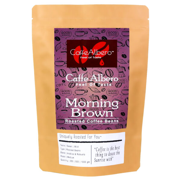 Caffe albero morning brown blend of roasted coffee beans front in 250gm packet