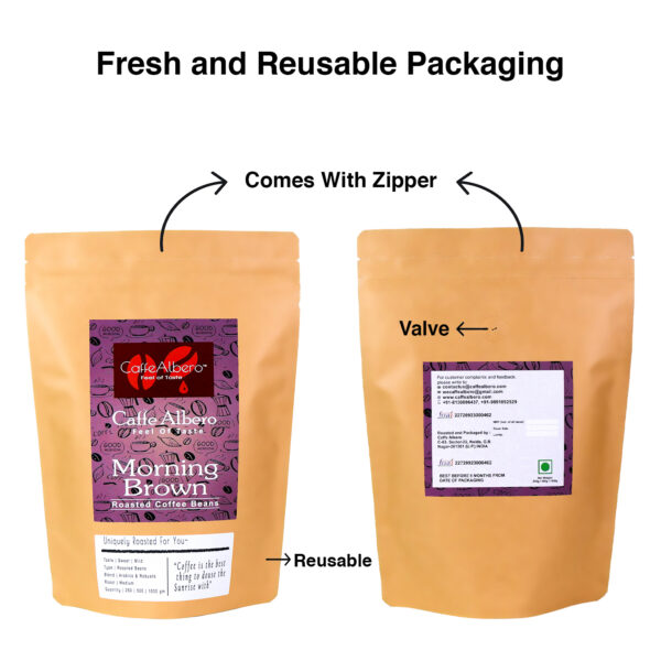 packaging style and benefits of caffe albero morning brown blend of roasted coffee beans