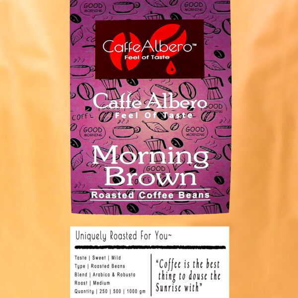 zoomed look caffe albero morning brown roasted coffee beans packet